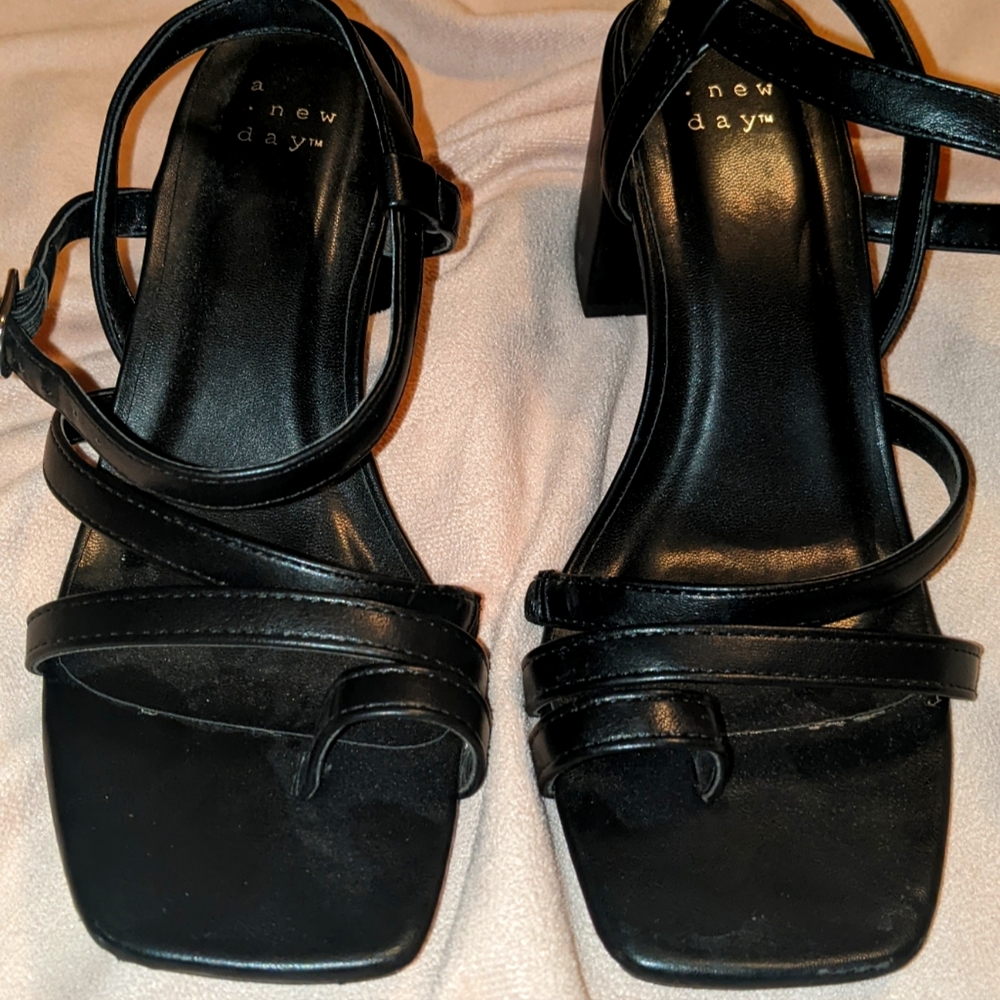 Black square strap high heels